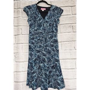 Eliza J Blue White Womens 8P Short Sleeve A-line Dress Geometric Lined